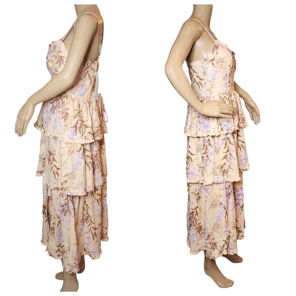 NWT House of Harlow Corset Tiered Linen/Rayon. Peach/Lavender Midi Dress. Medium - Picture 5 of 15